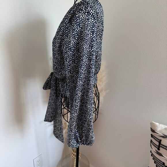 VICI Navy Dot Print Sheer Cropped Tie Front Blouse With Metallic Threads Small - Picture 7 of 11